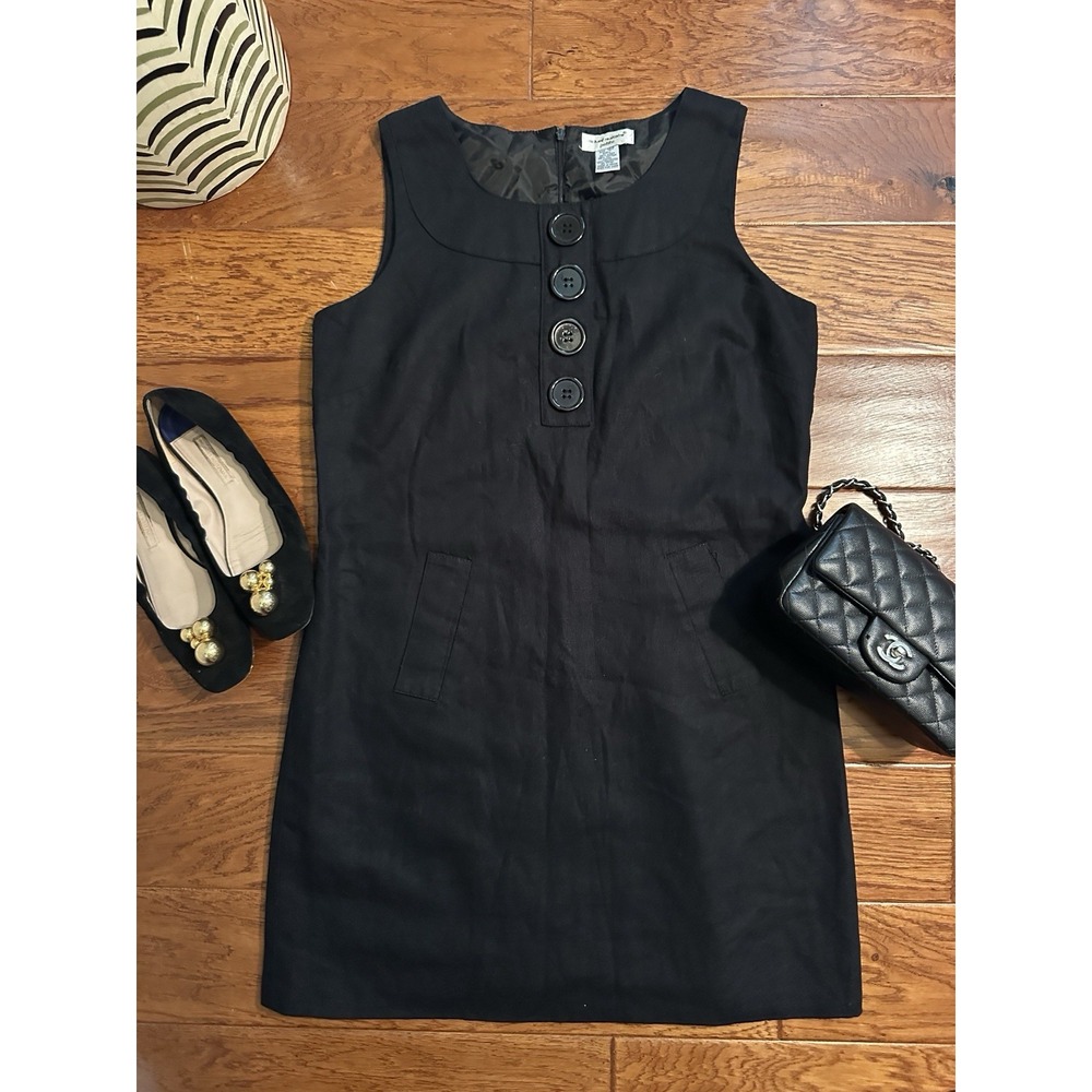 Vintage 60s Mod Linen Cotton Black Shift Dress Sleeveless Buttons Pockets 12P